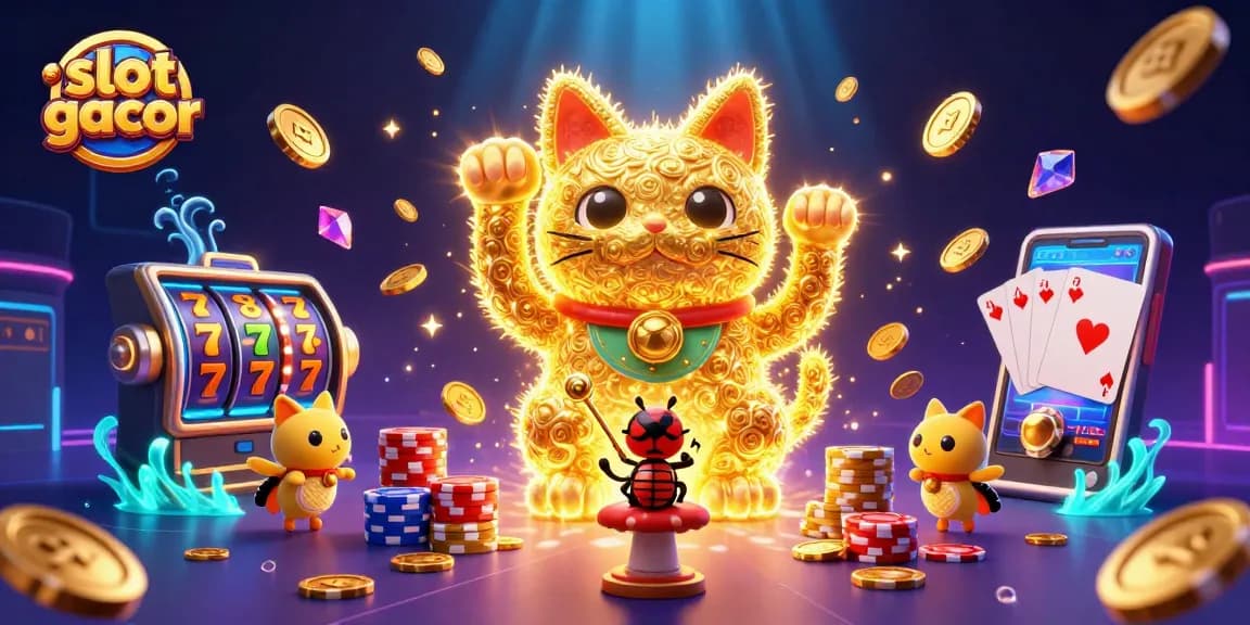 Experience the excitement of slot gacor with a dynamic scene of a lucky cat and casino symbols.