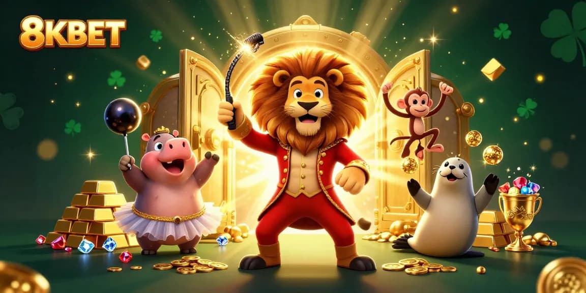 Experience thrilling gameplay with 8KBET, featuring vibrant casino characters in a rich, dynamic scene.