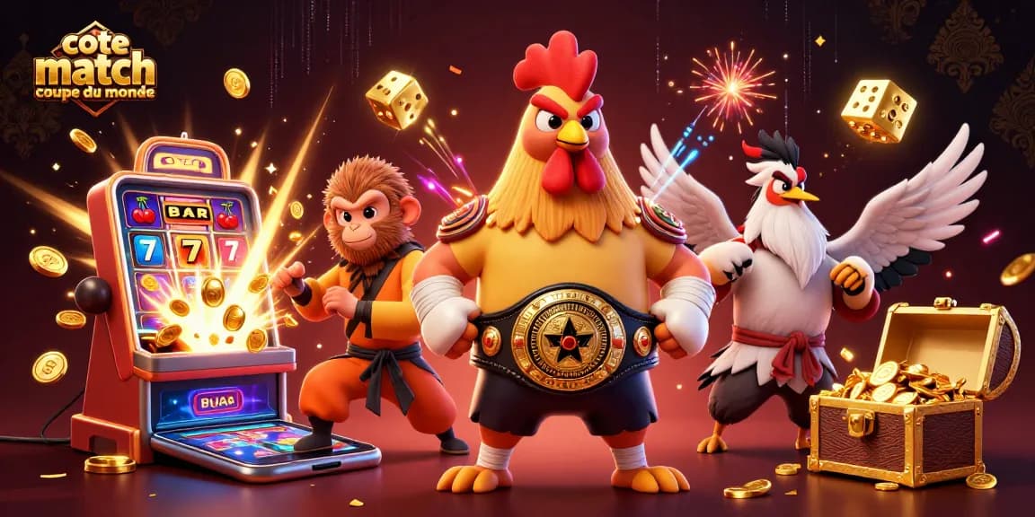 Pariez sur la cote match coupe du monde avec une illustration festive de personnages engageants et d'éléments de casino.