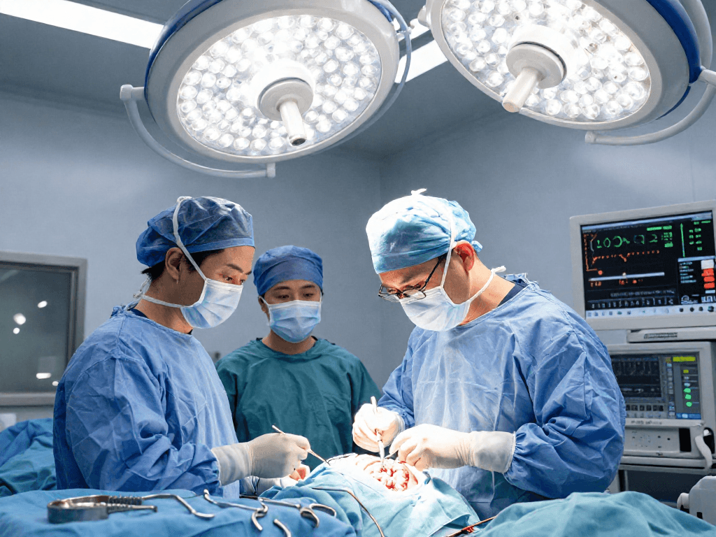 Beyin tümörü ameliyatı procedure with neurosurgeon and surgical team in the operating room.