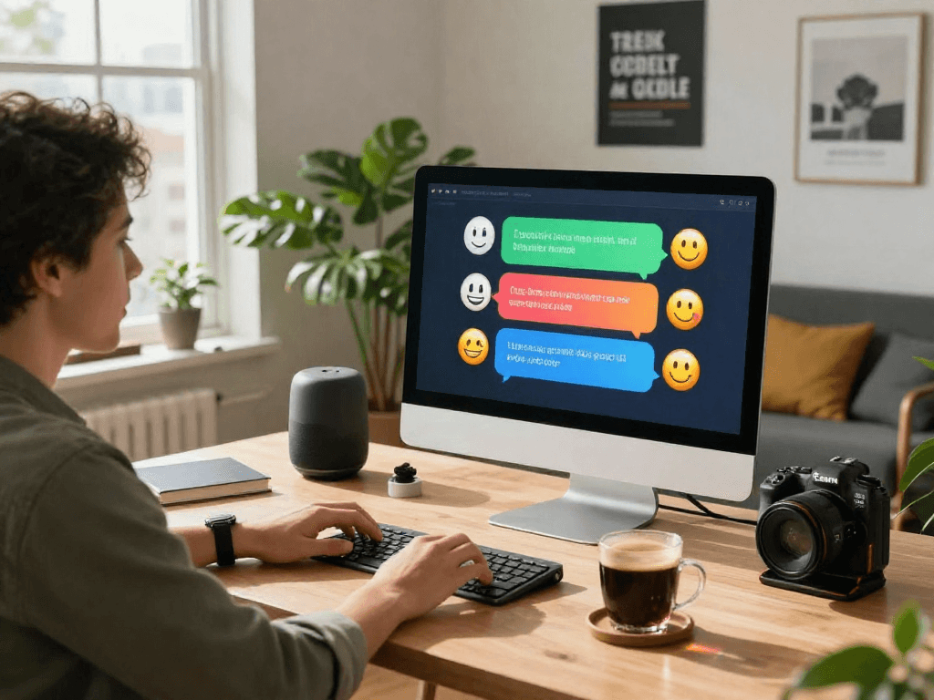 Dynamic home office with spicy chat ai interaction on screen, showcasing vibrant chatbot conversation and a cozy workspace.