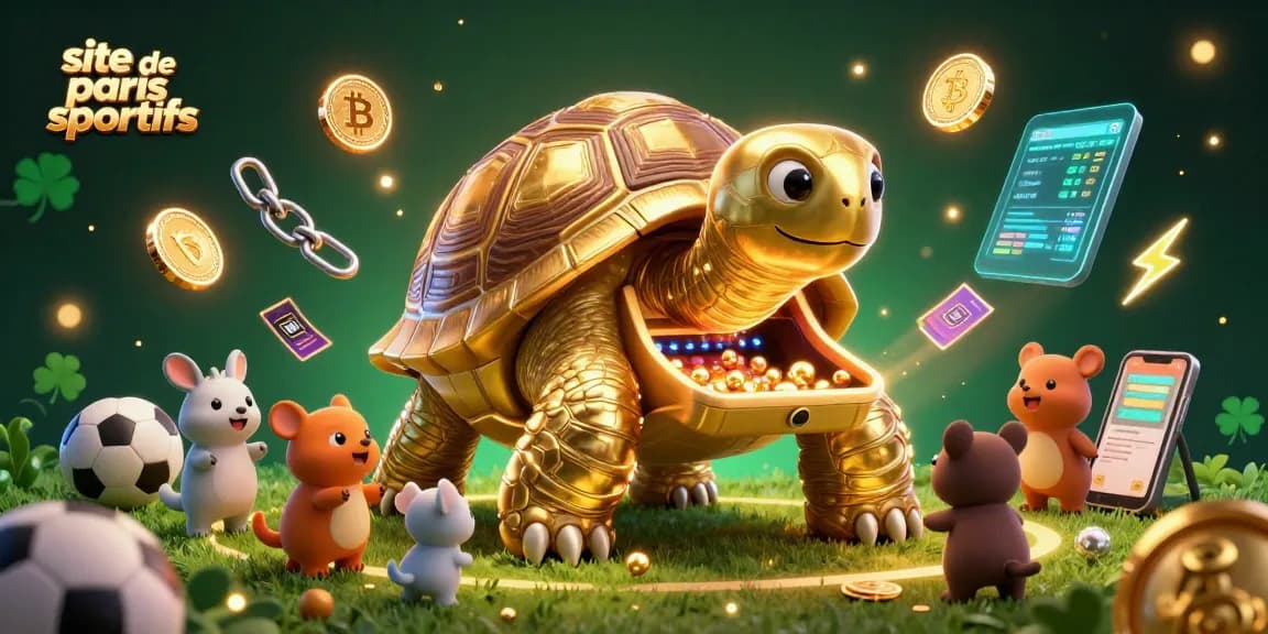 Illustrez le site de paris sportifs avec une scène animée de tortue géante et de paris sportifs.