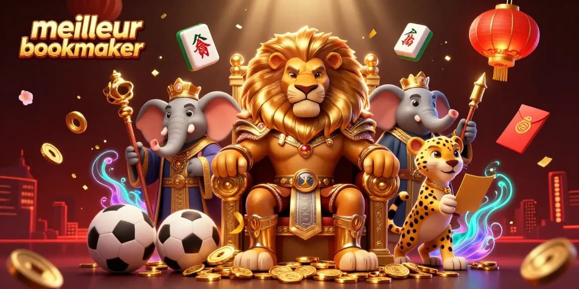 Gagnez des paris sportifs avec le meilleur bookmaker, lion royal sur un trône doré entouré d'éléments de jeu.