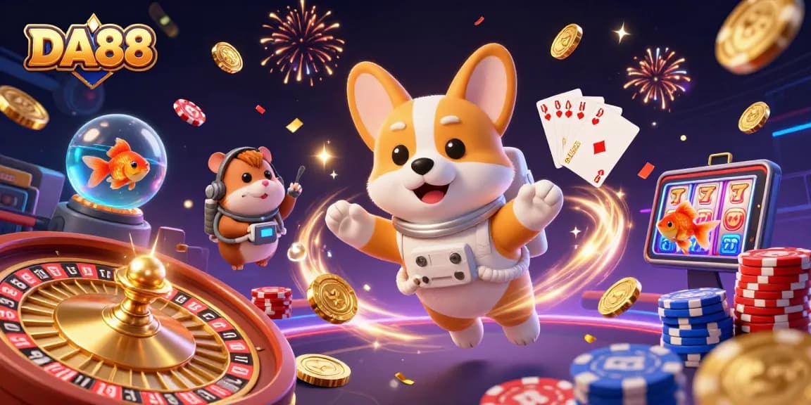 DA88 casino adventure with a playful astronaut corgi and engaging characters in a vibrant scene.