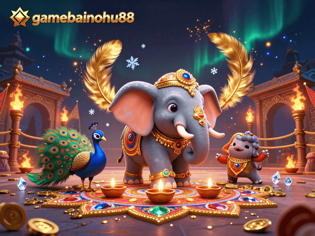 Enhance your gamebainohu88 experience with vibrant visuals featuring an elephant, peacock, and dynamic casino elements.