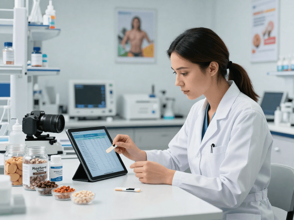 Nutritionist examining TB 500 Benefits in modern lab with innovative peptide strips