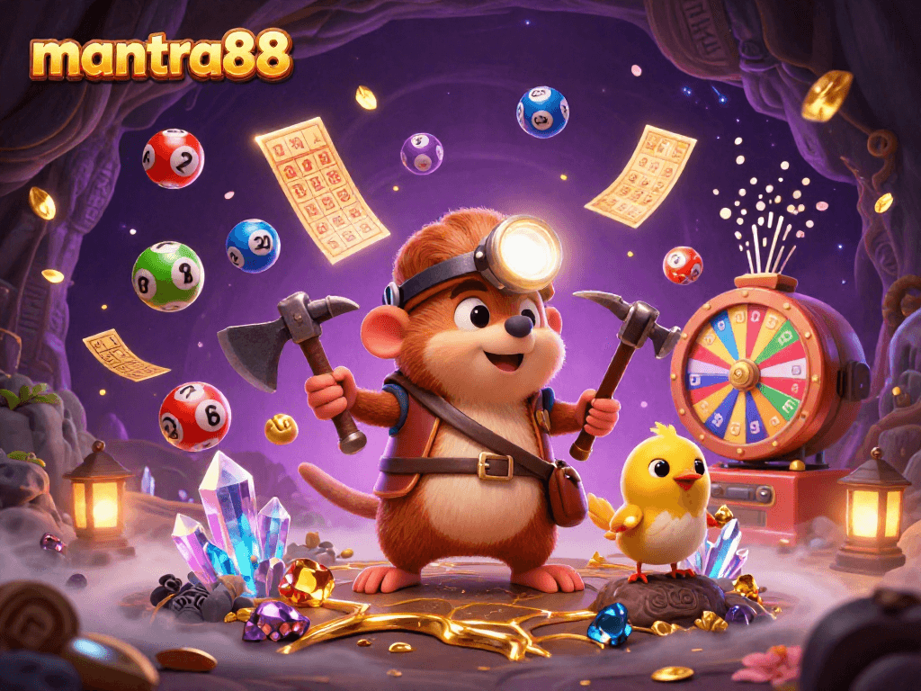 Experience mantra88 with a treasure hunter mole discovering gems and lottery surprises in an engaging scene.