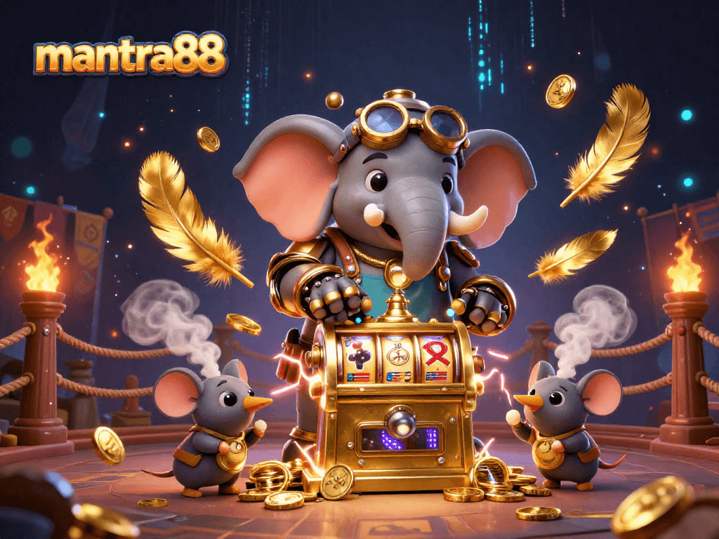 Experience thrilling gameplay at mantra88 with a steampunk elephant operating a golden slot machine amid vibrant casino elements.