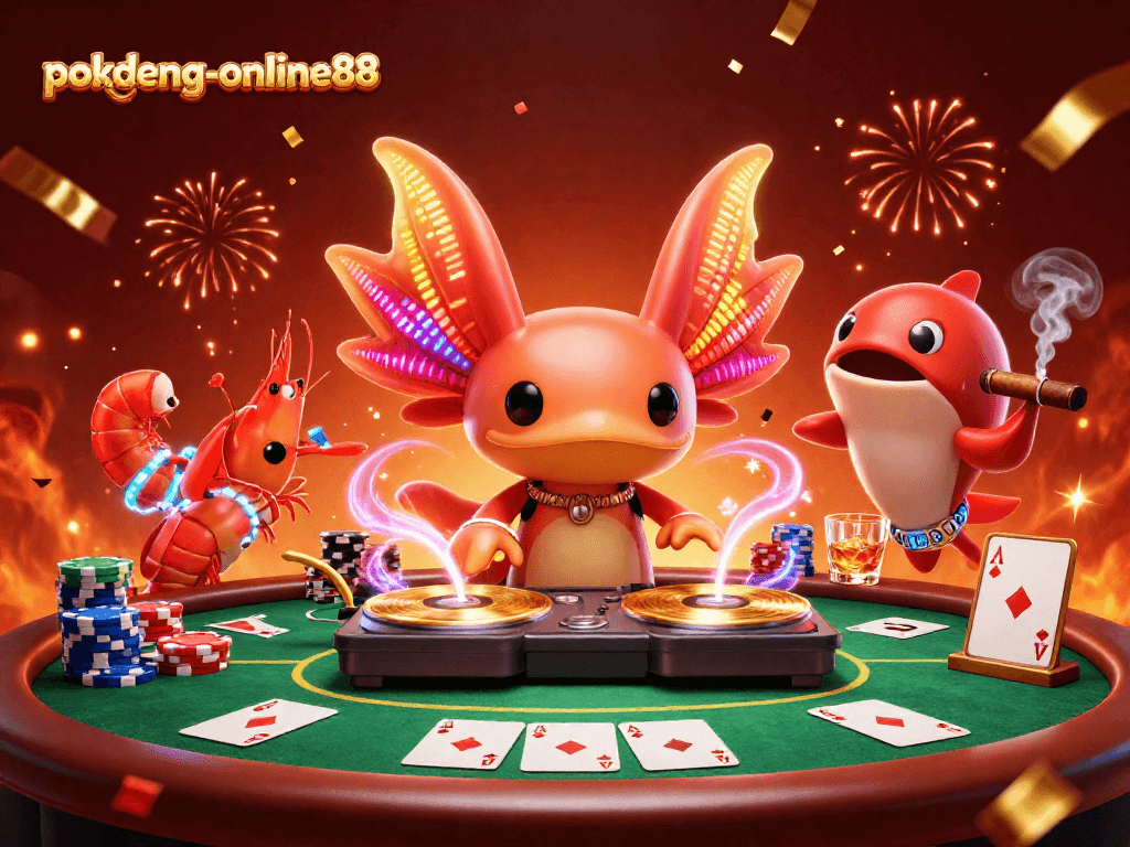 Experience the thrilling gameplay of pokdeng-online88 at an exciting poker table with vibrant characters and glowing elements.