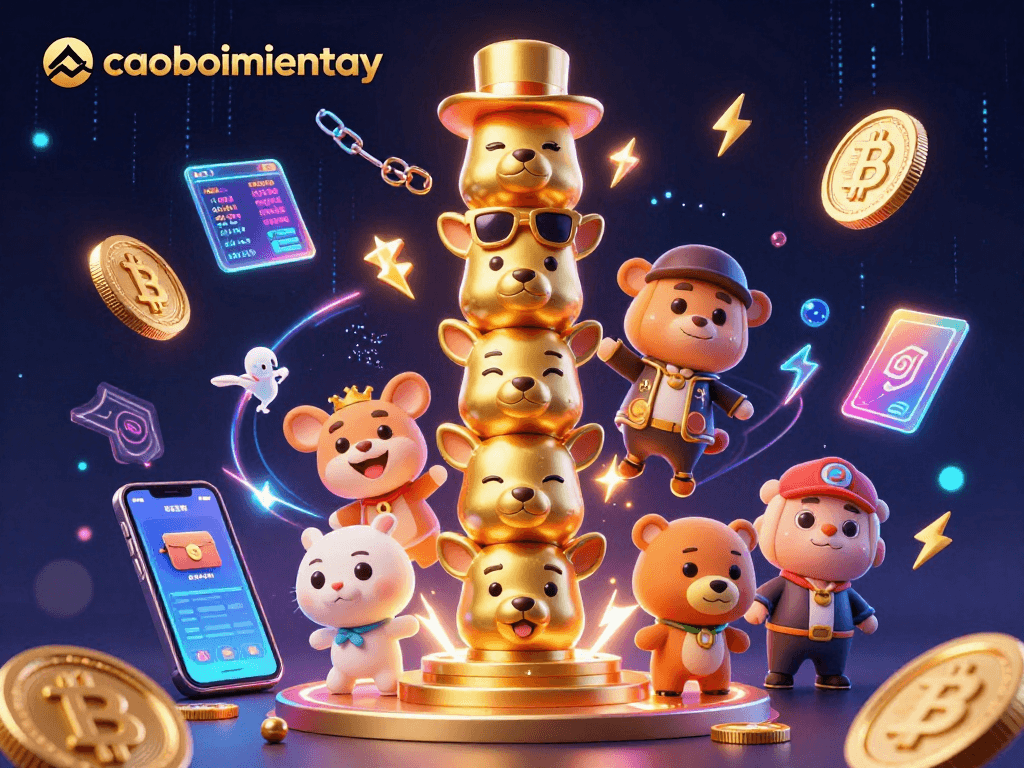 Experience the thrilling dynamics of caoboimientay with golden totem and vibrant crypto elements in 3D.