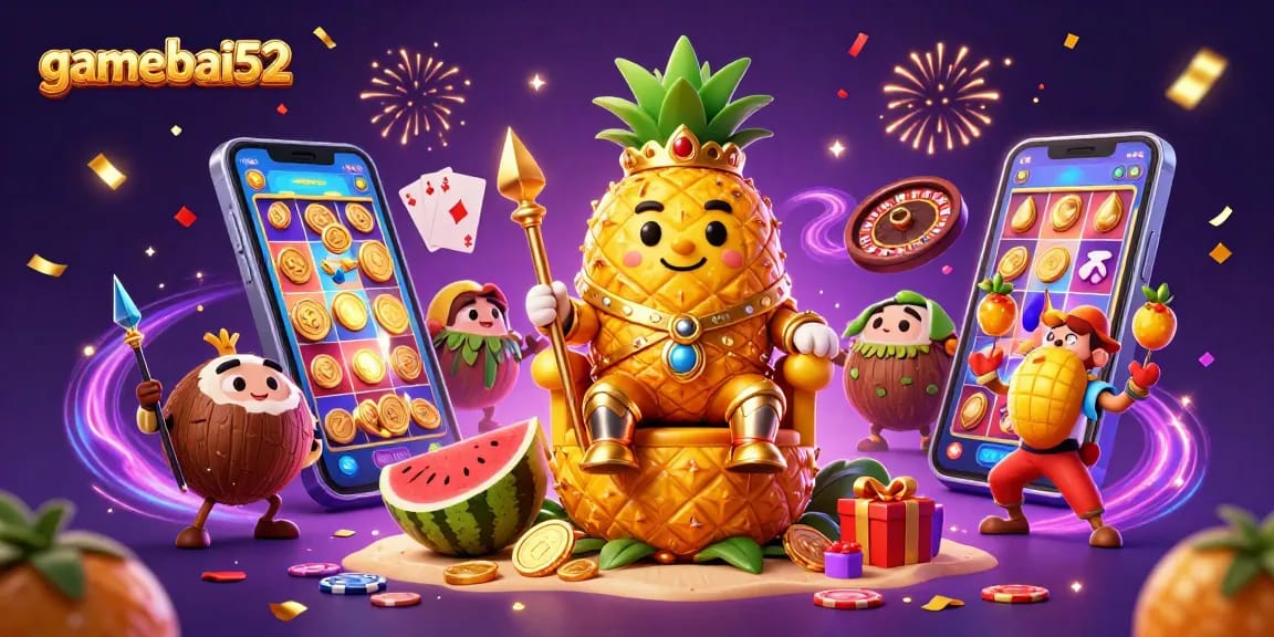 Engage in thrilling gameplay at gamebai52 with a vibrant digital casino scene featuring fun characters.