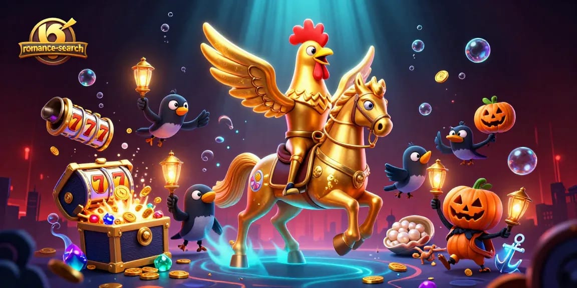 Experience thrilling wins at romance-search with vibrant 3D casino action featuring golden rooster and treasure!