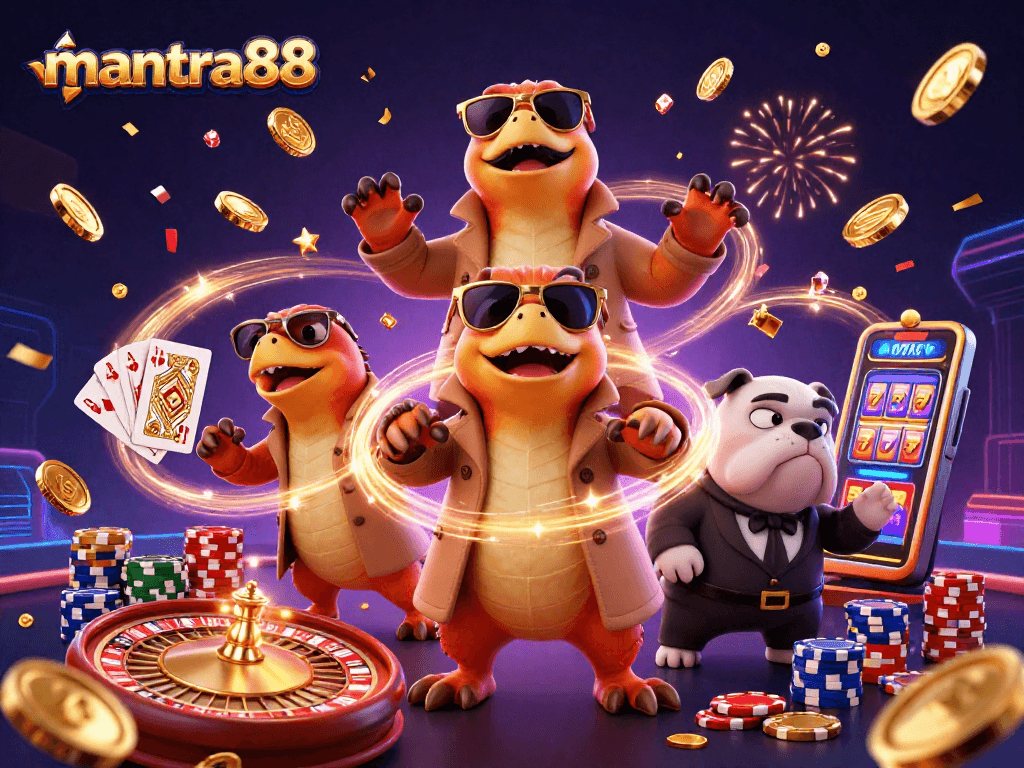 Experience the excitement of mantra88 slots with vibrant raptors in a trench coat at the casino.