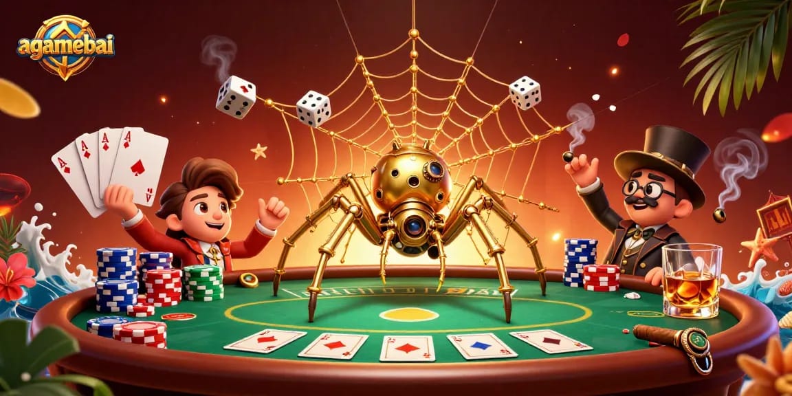 Engage with agamebai's vibrant steampunk scene featuring a golden spider and poker elements.