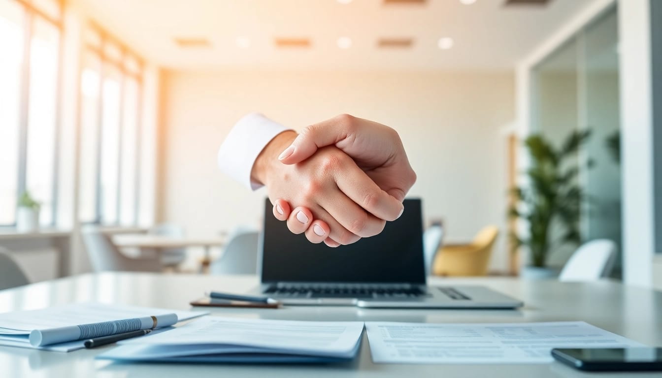 Escrow Services ensuring secure transactions with a professional handshake and a modern office ambiance.