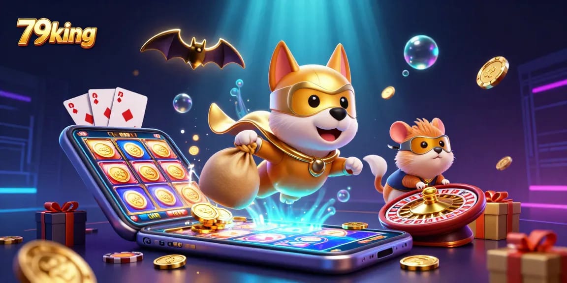 79king showcases a lively casino scene with a superhero dog and sidekick amidst gaming action.
