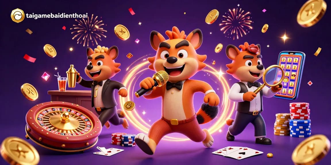 Experience the vibrant energy of taigamebaidienthoai's comedy casino with animated hyenas.