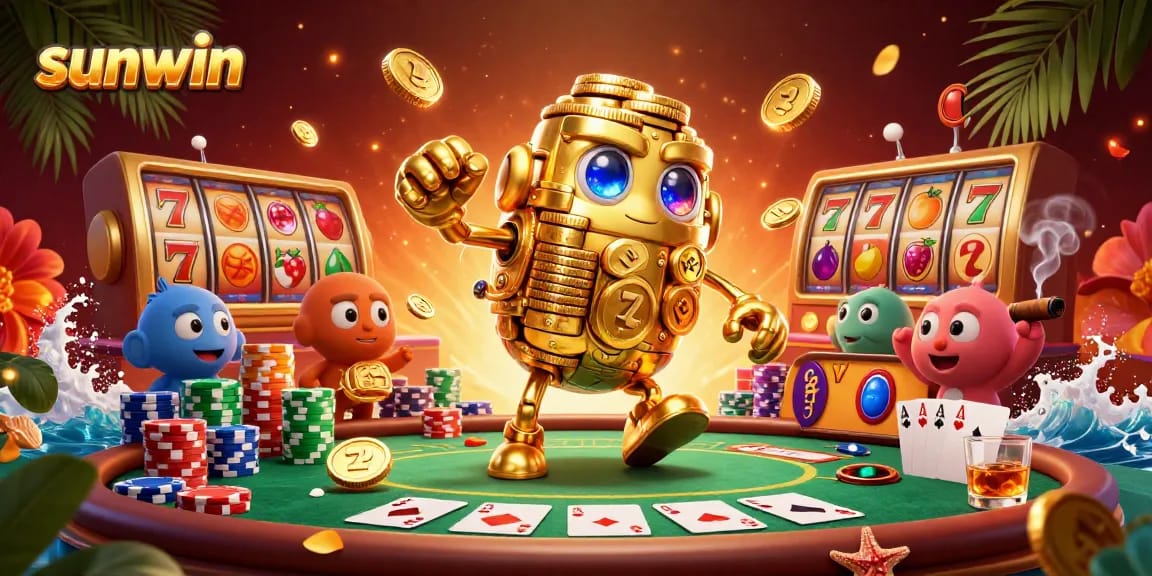 Experience excitement at sunwin with an ancient golden golem in a vibrant casino setting.
