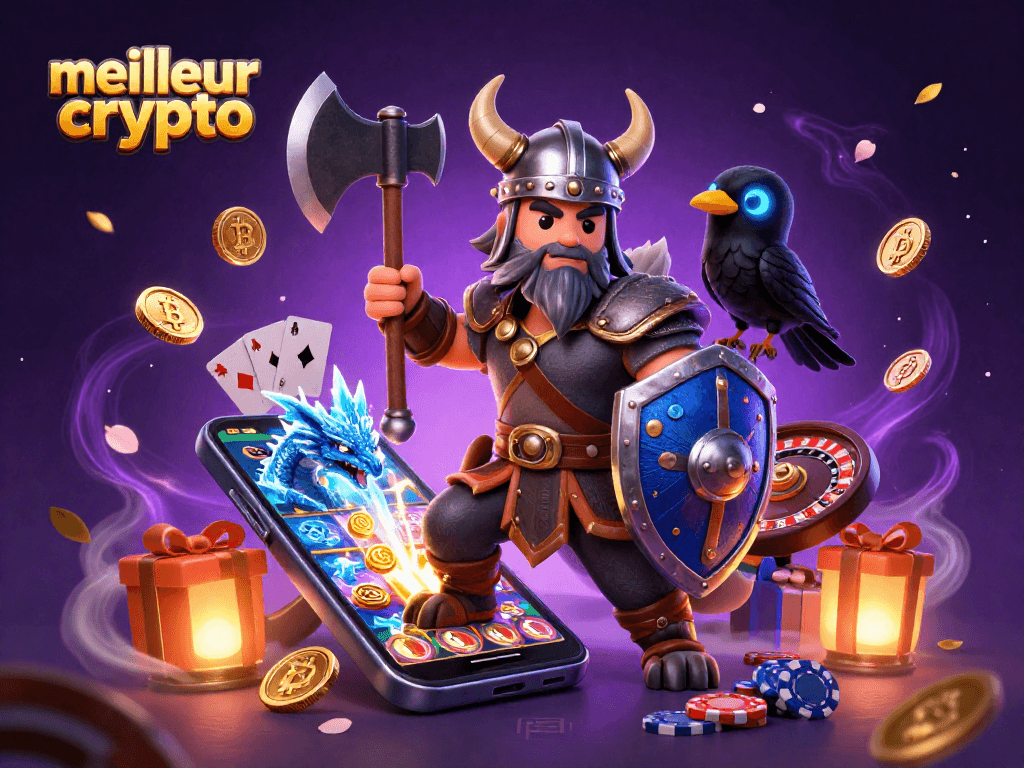 Découvrez le meilleur casino crypto avec une scène dynamique de jeux et personnages captivants.