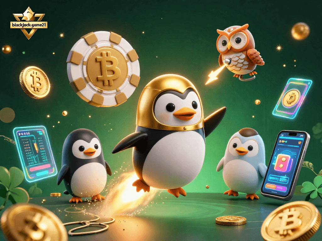 Engage with blackjack-game21 featuring an exciting cartoon penguin overcoming challenges in a vibrant casino landscape.