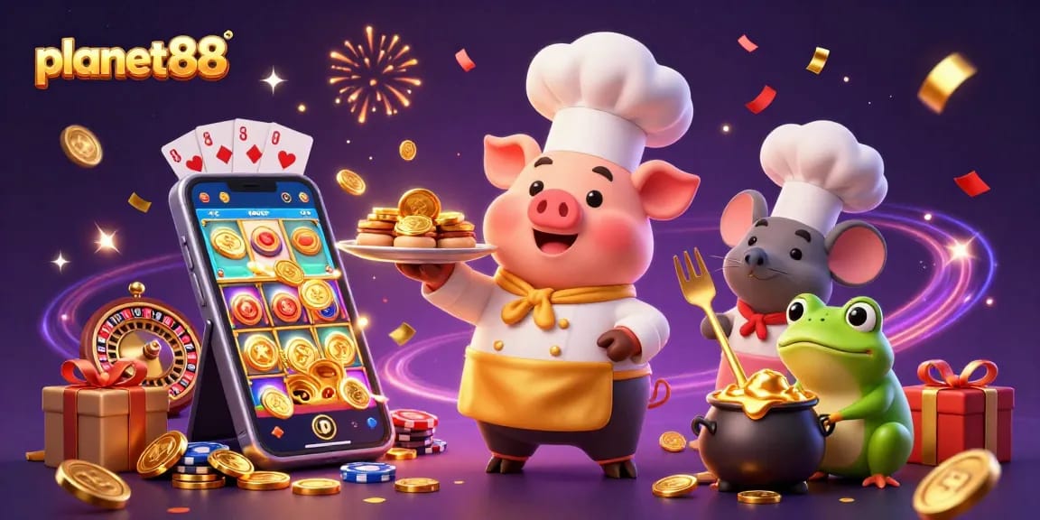 Join the excitement at planet88 with a 3D chef pig serving gold coins while gaming elements swirl around!