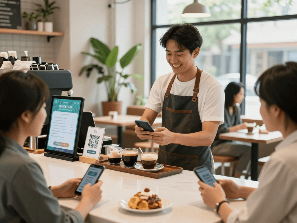 Engaging loyalty program interaction in a cozy café, showcasing loyalty rewards and customer connections