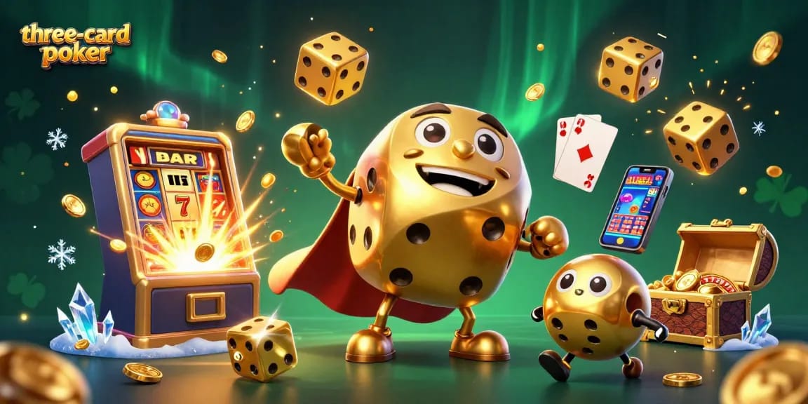 Engage in three-card-poker action with vibrant characters and gaming elements in a dynamic casino scene.