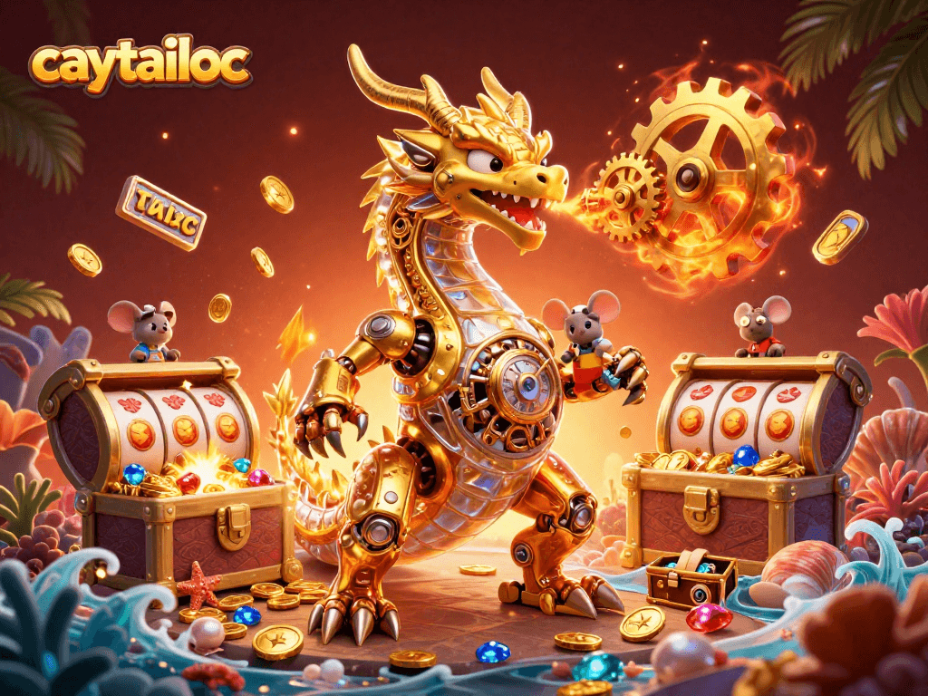 Experience the thrill of caytailoc with a jubilant dragon and dynamic casino elements.