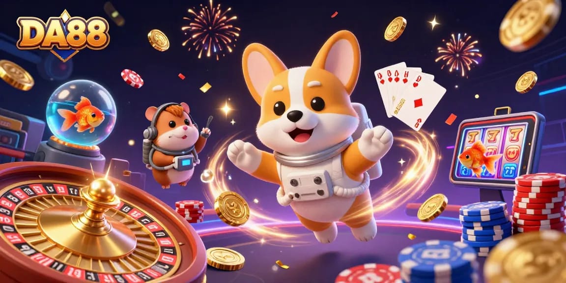 DA88 casino adventure with a playful astronaut corgi and engaging characters in a vibrant scene.
