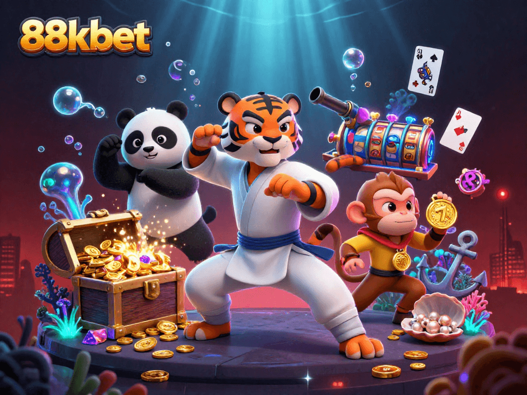Engage with the excitement of winning at 88kbet with this vibrant 3D illustration showcasing dynamic casino elements.