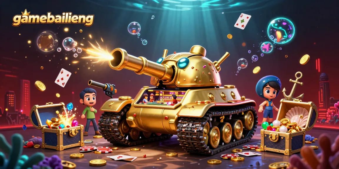 Experience strategic play in gamebailieng with a vibrant mini-casino within a golden tank bursting with treasures.