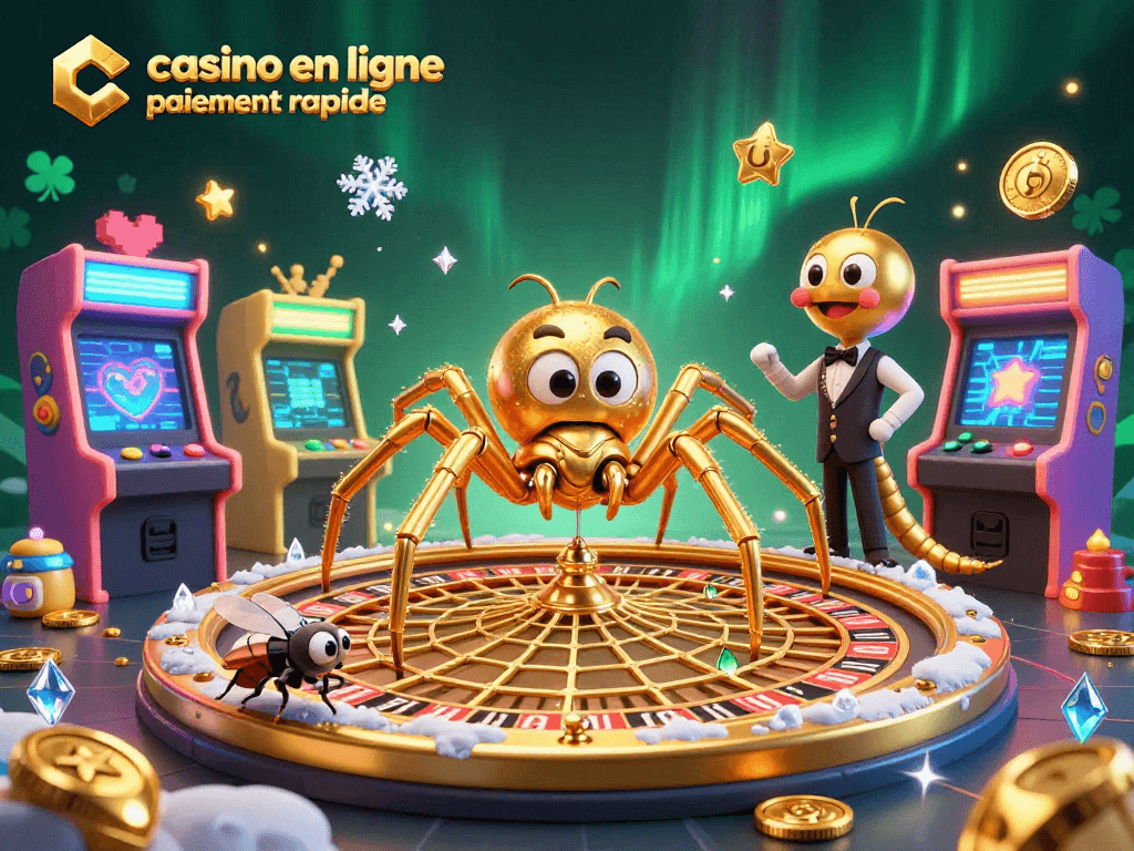 Illustration d'un casino en ligne paiement rapide avec une araignée d'or et un croupier mille-pattes.
