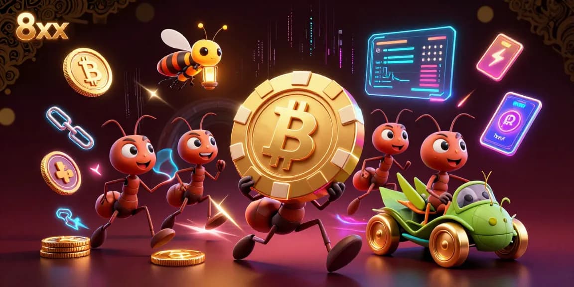 8xx ants celebrate a big win, carrying a massive golden poker chip through a neon-lit tunnel.