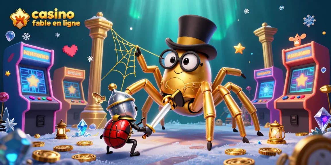 Plongez dans l'univers des jeux avec casino fiable en ligne, illustré par une tarentule dorée et un petit chevalier
