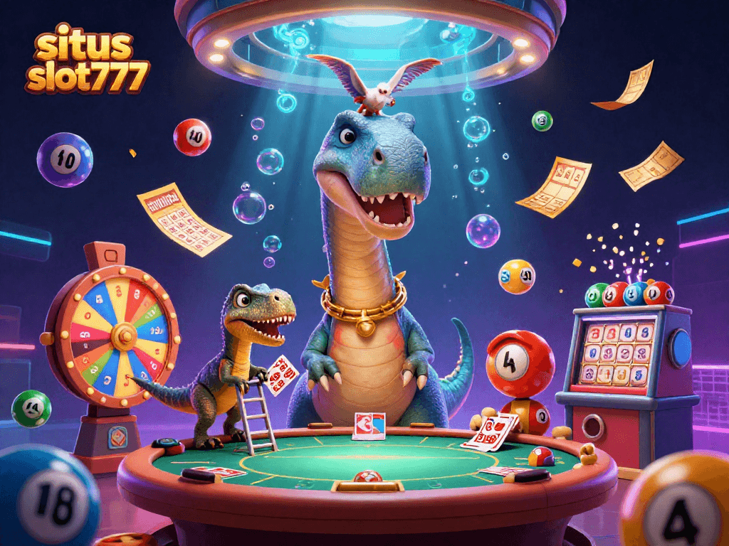 Situs slot777 offers vibrant gaming action with cartoon characters in a packed, festive casino scene.
