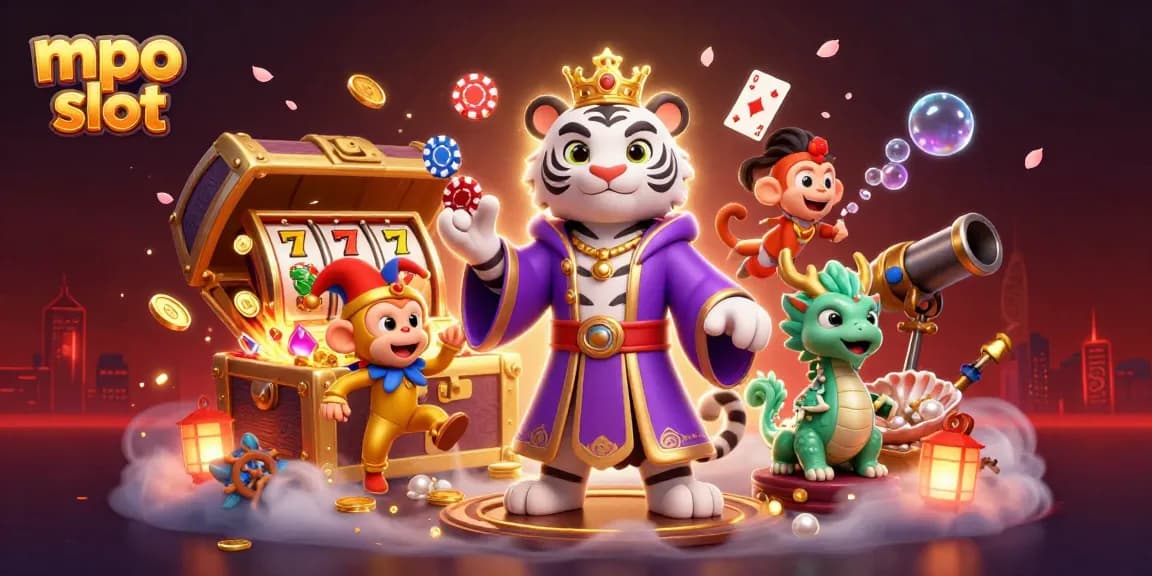 Experience the thrill of mpo slot as an elegant tiger, playful monkey, and vibrant elements come alive in this casino illustration.