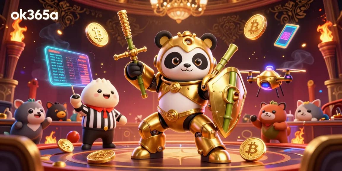 Engage in thrilling gameplay at ok365a, featuring an energetic 3D casino scene with unique characters and crypto elements.