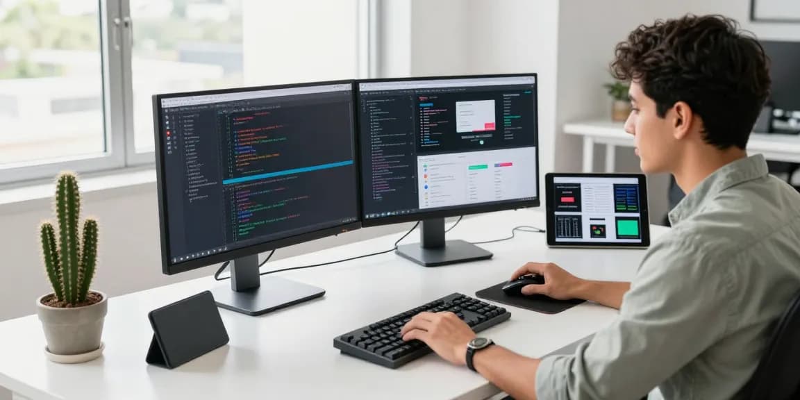 Desarrollador trabajando en hosting en México, rodeado de tecnología moderna y naturalidad.