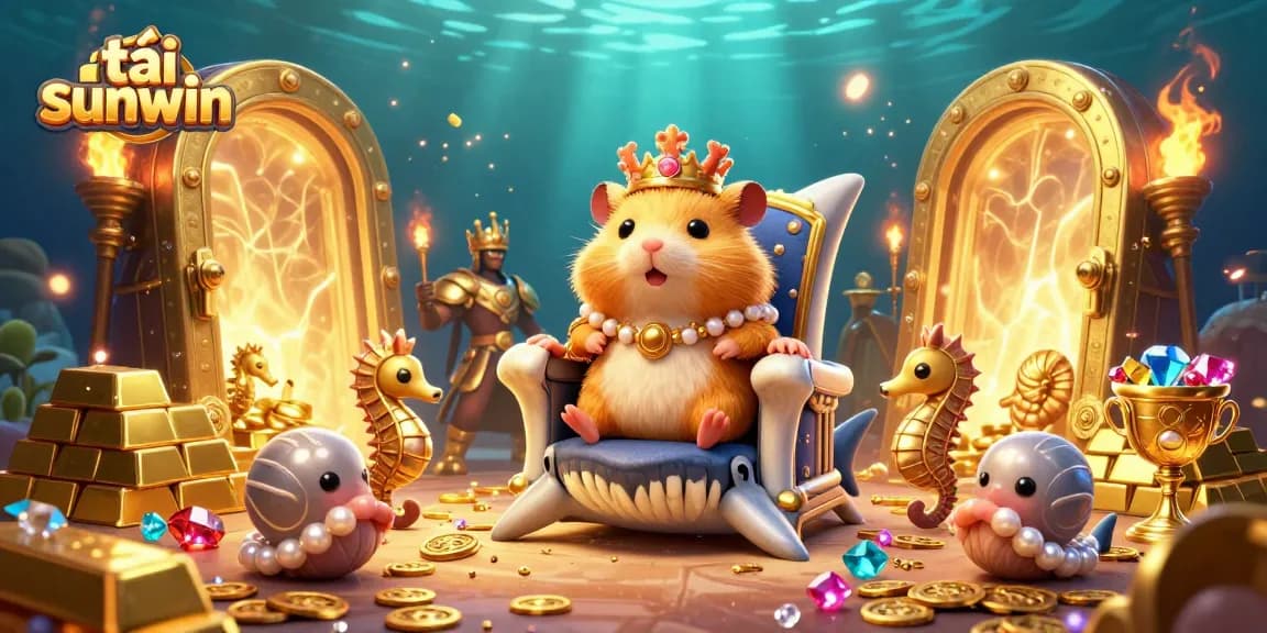 Engage in exciting gameplay with tải sunwin featuring a hamster king on a shark throne amidst treasures.
