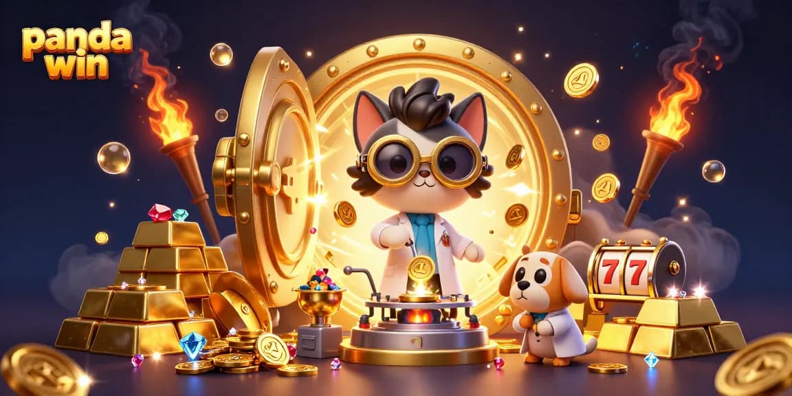 Panda win game scene with a mad scientist cat and assistant dog amidst gold coins and slot reels.