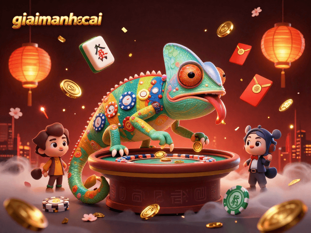 giaimanhacai casino owner chameleon catches gold coins in a vibrant 3D illustration