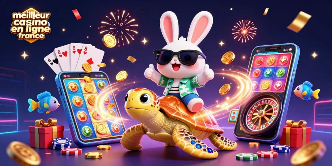 Le meilleur casino en ligne France avec un lapin chanceux et une tortue dorée parmi des éléments de jeu.