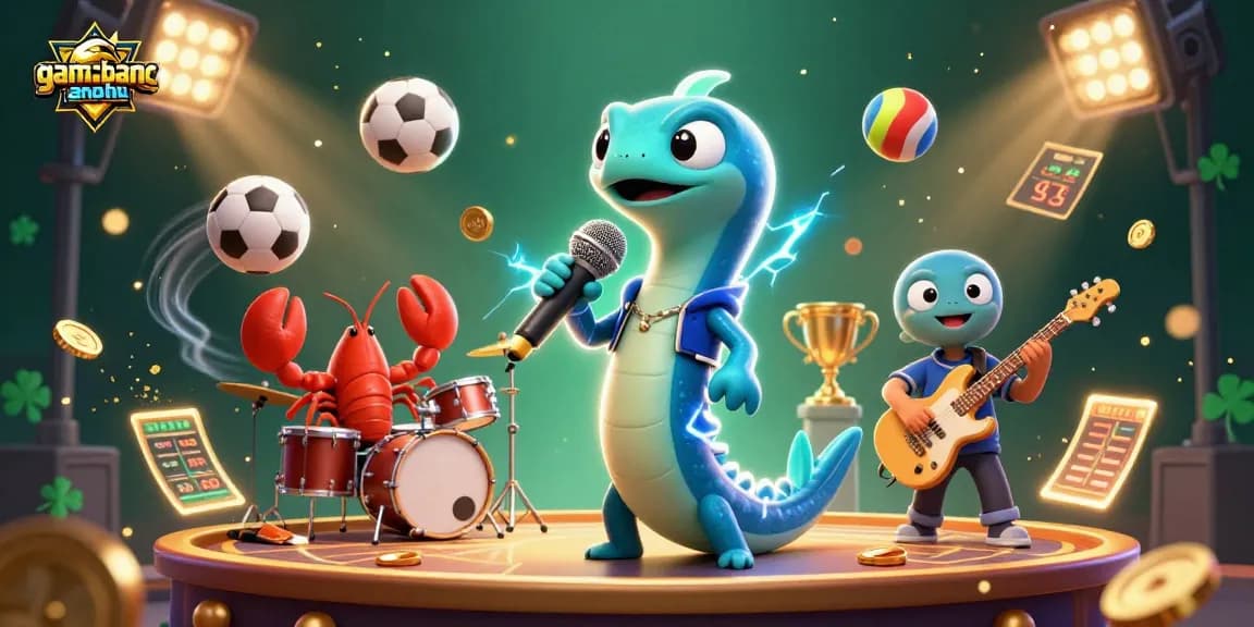 Gamebancanohu showcases an electric eel DJ performing at an underwater casino with dynamic sports elements.