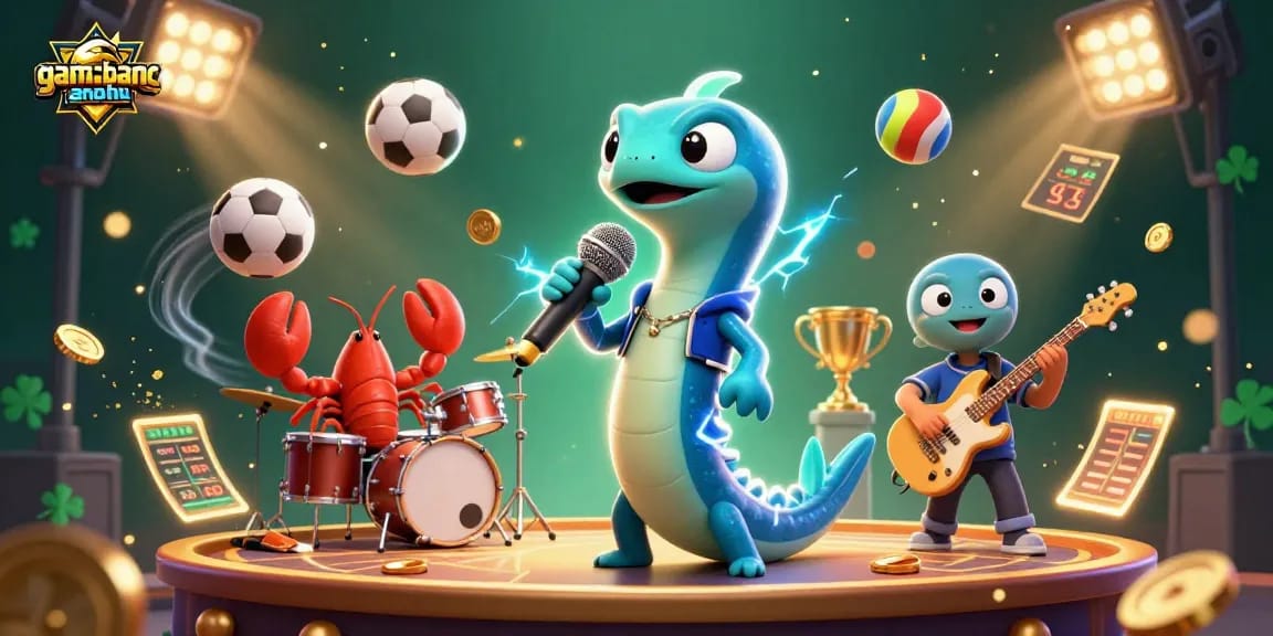 Gamebancanohu showcases an electric eel DJ performing at an underwater casino with dynamic sports elements.