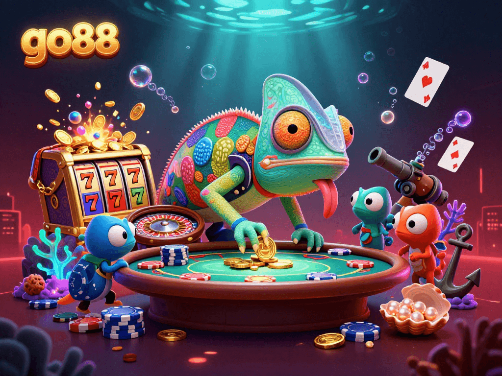 Engage with the dynamic energy of go88's colorful casino scene featuring a chameleon and vibrant gaming elements.