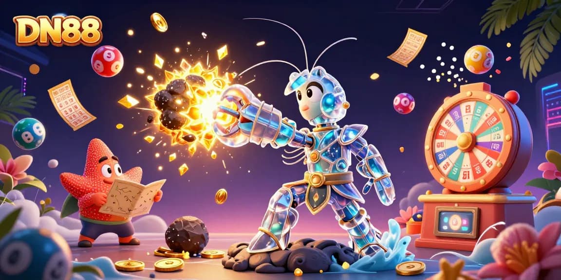 Experience the thrill of DN88 with a dynamic 3D illustration showcasing exciting gaming elements.