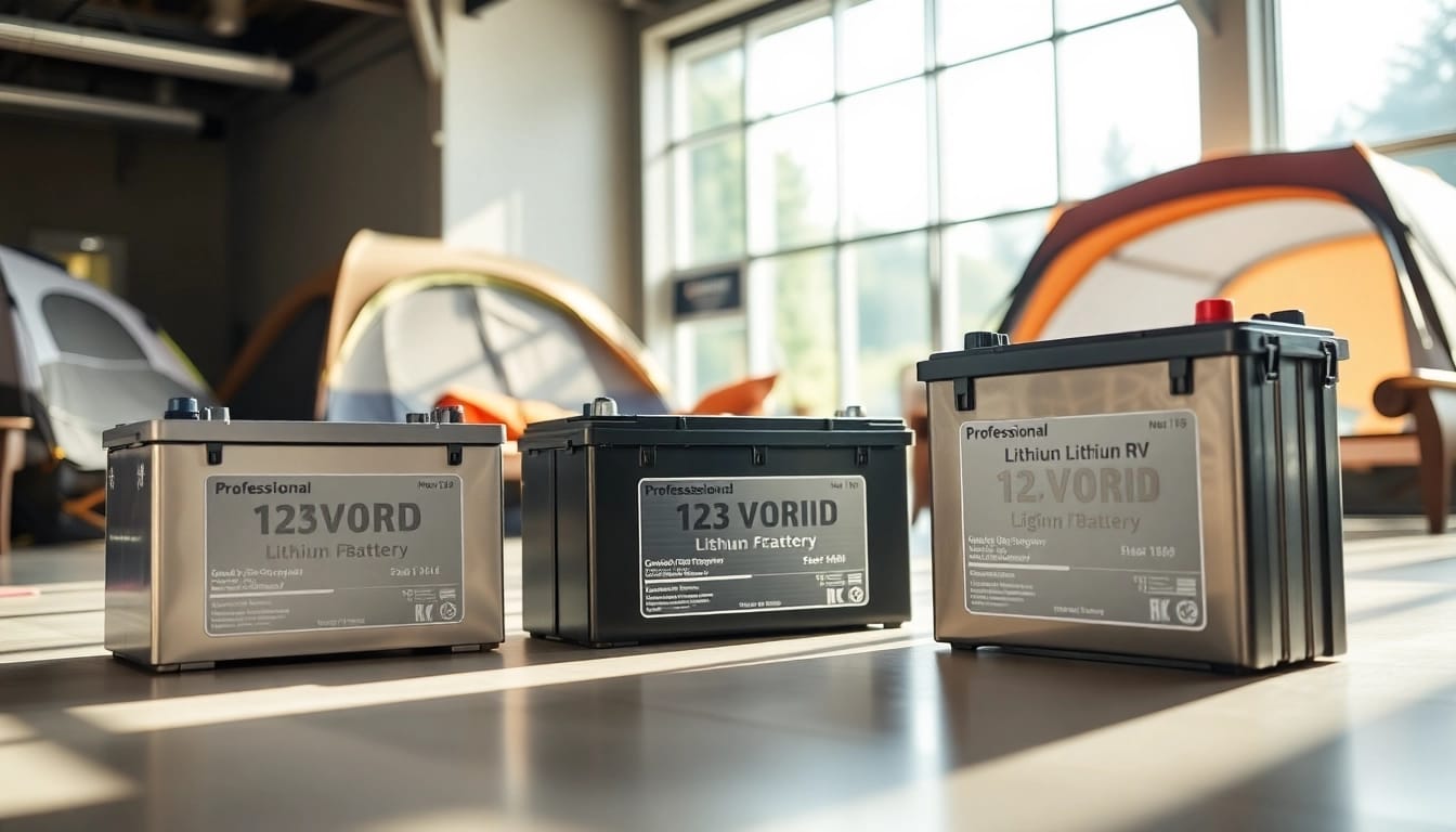 Showcase high-performance lithium RV batteries in a bright showroom setting.