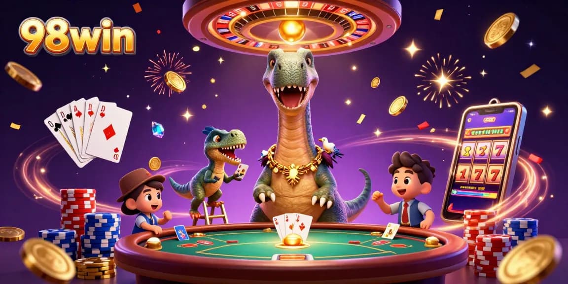 Join the excitement at 98win as the brontosaurus oversees a vibrant casino filled with gold and fun.