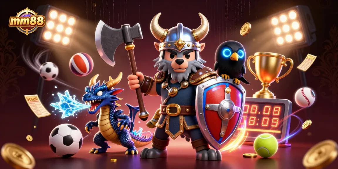 Experience winning excitement at mm88 with a vibrant scene featuring a Viking wolf warrior, dragon, and sports betting elements.
