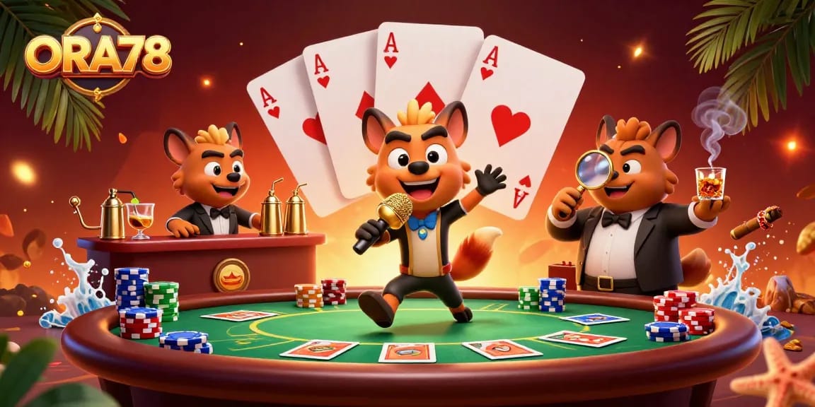 ORA78 menampilkan hyena lucu di kasino dengan dadu, kartu poker, dan suasana ceria.